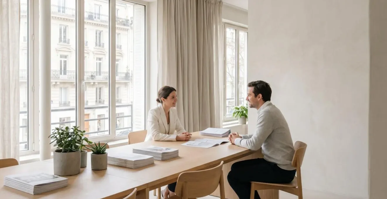 Discussion amiable entre propriétaire et agent immobilier dans un bureau moderne pour négocier une résiliation de mandat
