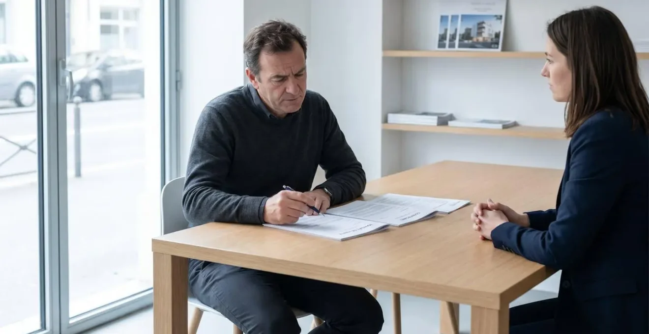 Propriétaire consultant des documents de mandat immobilier dans un bureau d'agence moderne, exprimant une réflexion sur ses droits de rétractation