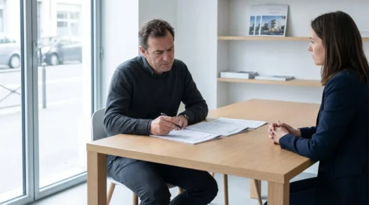 Propriétaire consultant des documents de mandat immobilier dans un bureau d'agence moderne, exprimant une réflexion sur ses droits de rétractation
