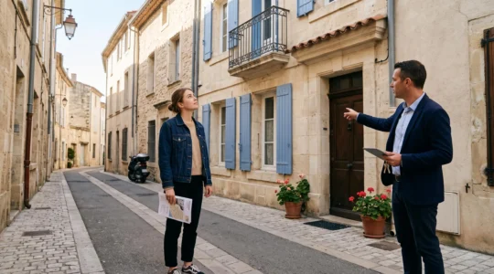 Jeune femme tenant une annonce papier examinant avec un agent immobilier la façade d'une maison à louer dans une rue de Narbonne.